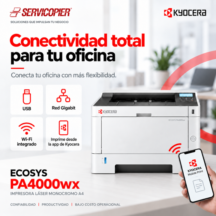 Conectividad USB, red Gigabit, Wi-Fi e impresión móvil de Kyocera ECOSYS PA4000wx