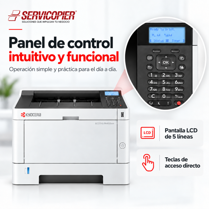 Panel LCD de 5 líneas y teclas de acceso directo de Kyocera ECOSYS PA4000wx