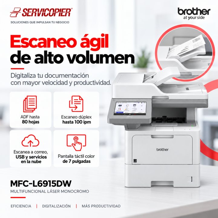 Escaneo dúplex hasta 100 ipm y ADF de 80 hojas del Brother MFC-L6915DW
