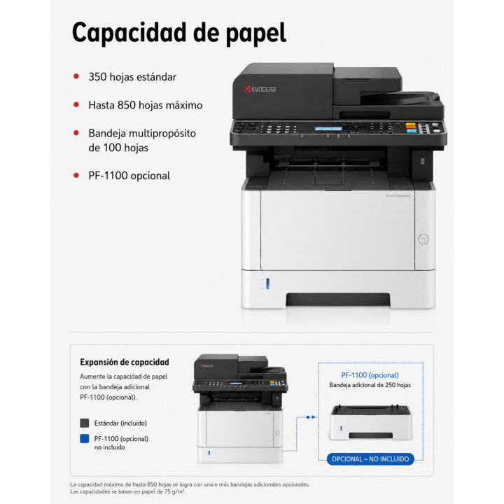 Capacidad de papel y bandeja PF-1100 opcional no incluida