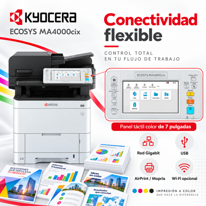 Conectividad, pantalla táctil e impresión móvil de Kyocera ECOSYS MA4000cix