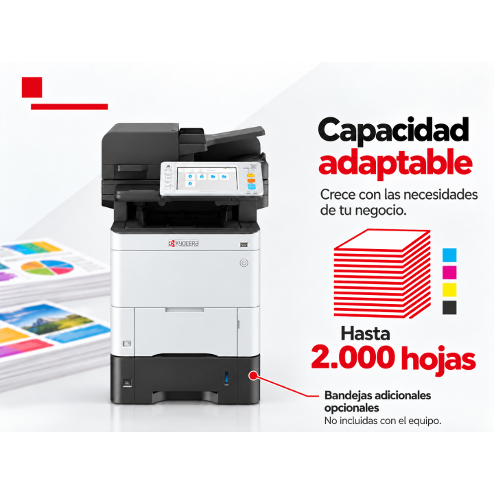 Capacidad adaptable hasta 2.000 hojas con una bandeja adicional opcional no incluida en Kyocera ECOSYS MA4000cix
