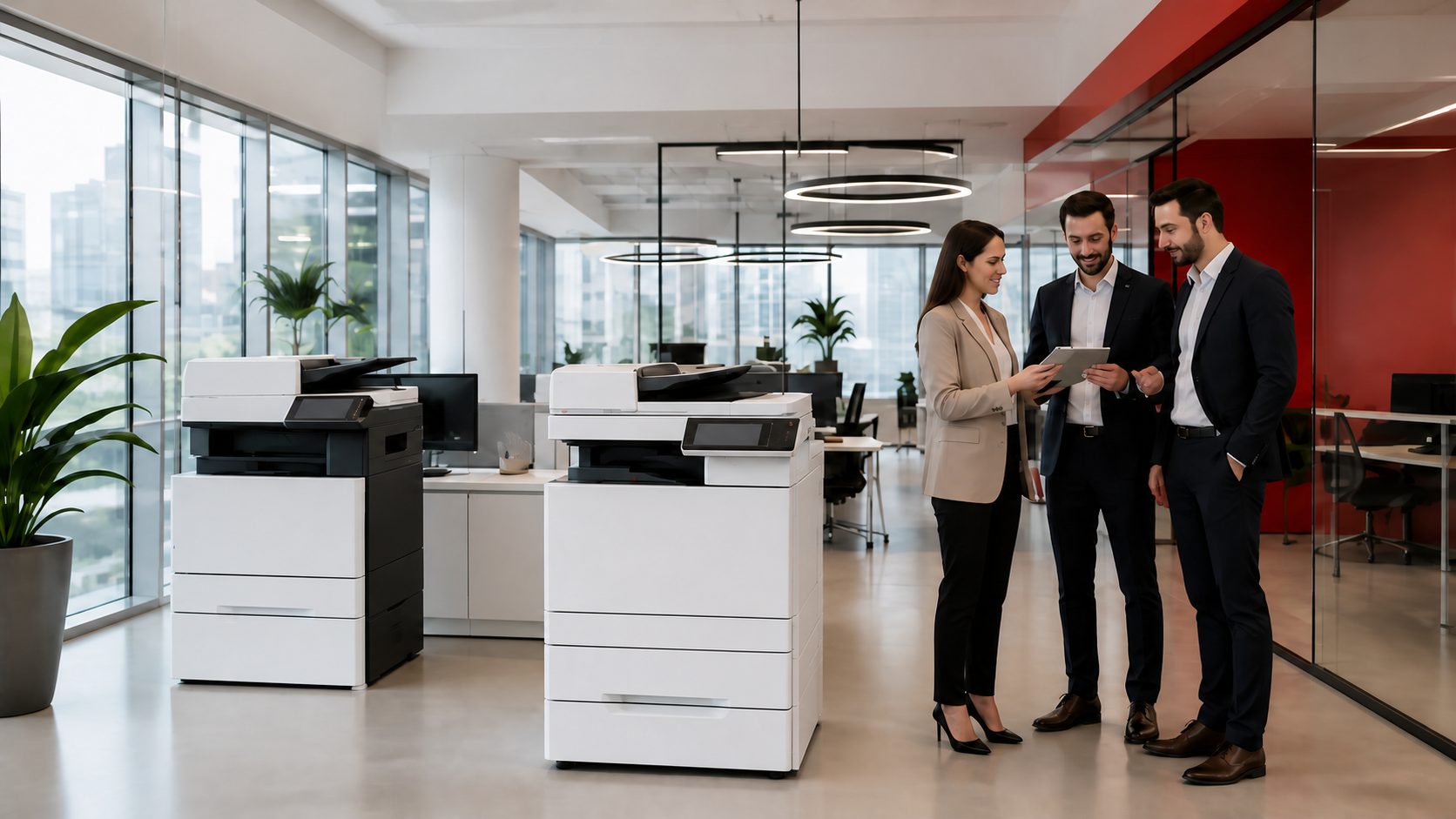 Equipo comercial en una oficina moderna junto a multifuncionales sin marcas visibles