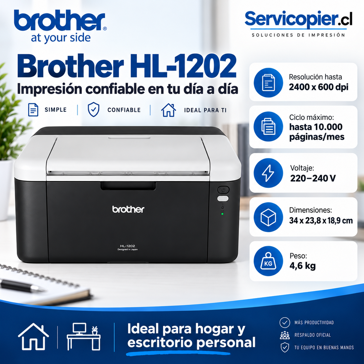 Ficha técnica visual de la impresora Brother HL-1202