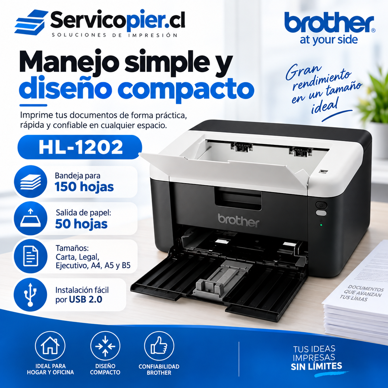 Diseño compacto y manejo de papel de Brother HL-1202