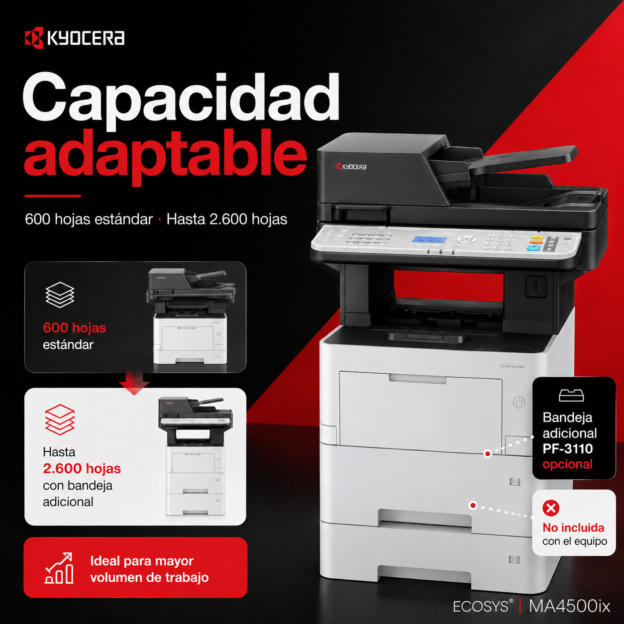Capacidad adaptable con bandeja PF-3110 opcional no incluida con Kyocera ECOSYS MA4500ix