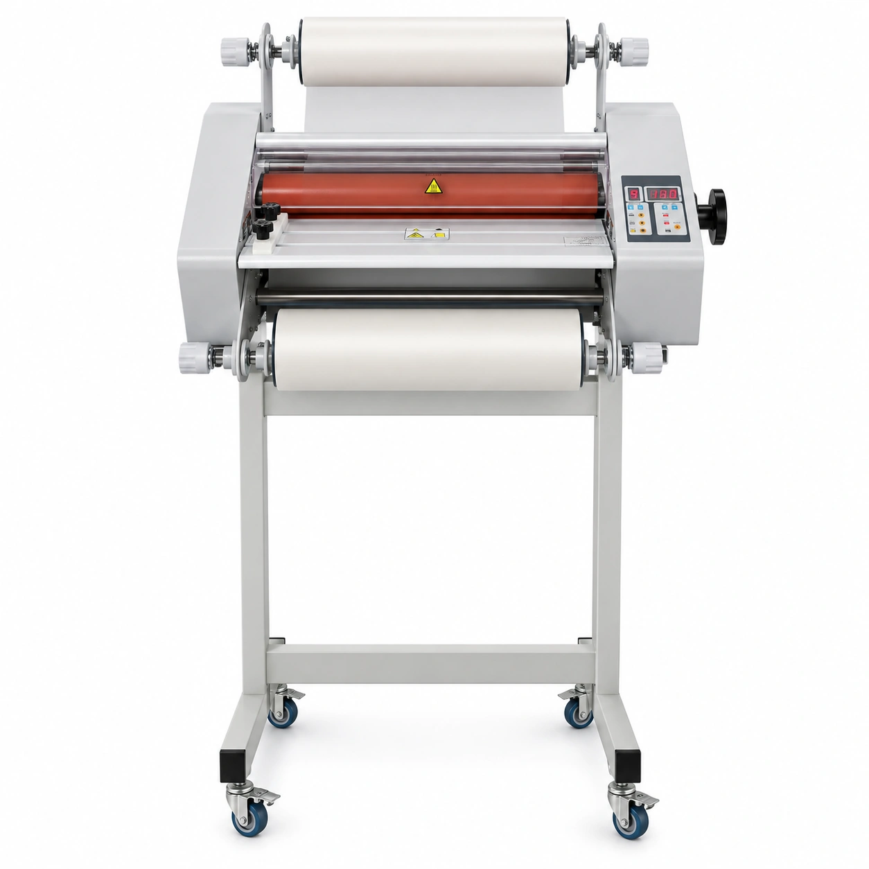 Laminadora de Rollo FM-380, portada frontal con pedestal incluido