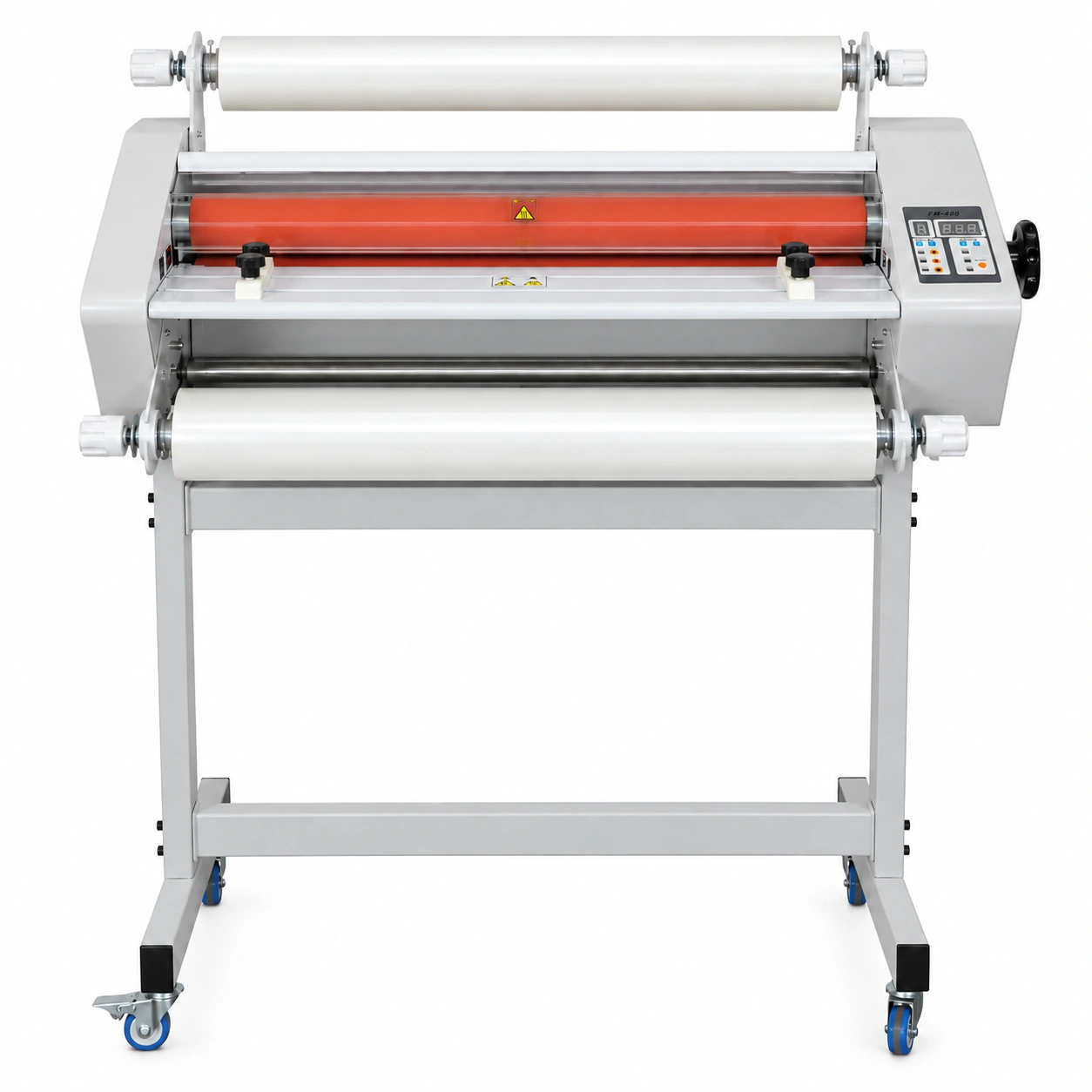 Laminadora de Rollo FM-480, portada frontal con pedestal incluido