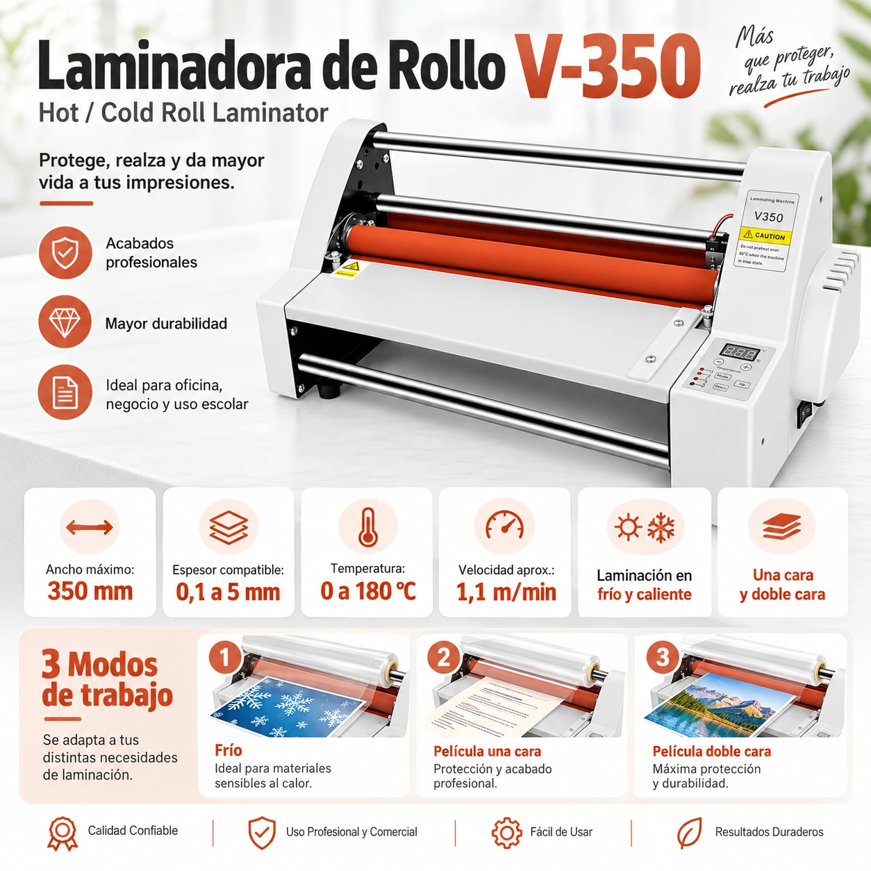 Laminadora V350, características comerciales