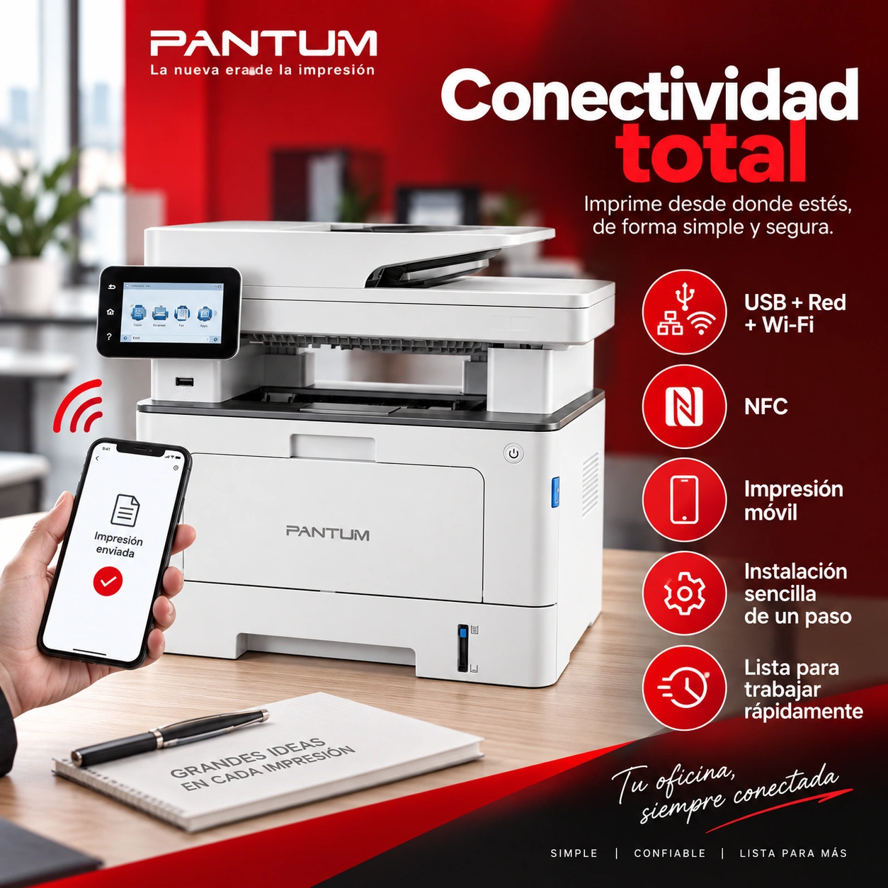 Conectividad e instalación sencilla de un paso de Pantum BM5100FDW
