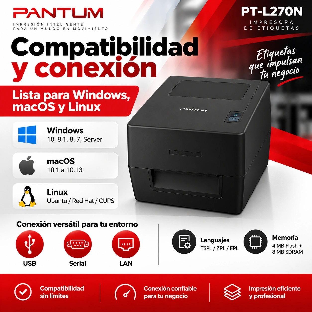 Compatibilidad de Pantum PT-L270N con Windows, Mac y Linux