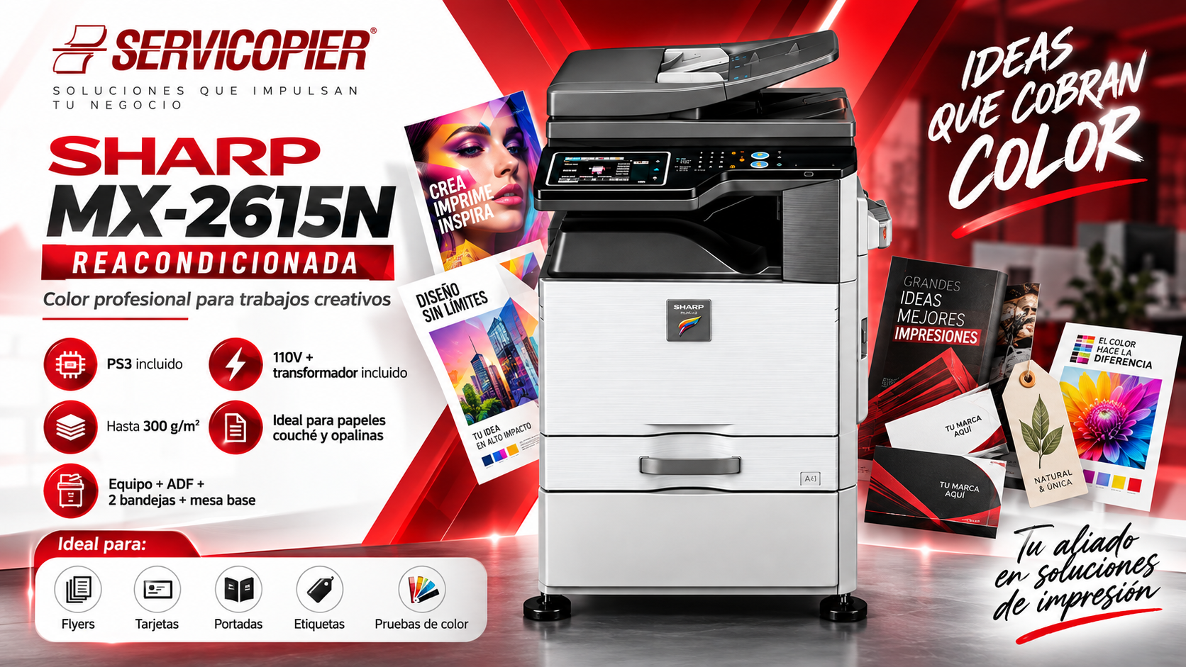 Sharp MX-2615N reacondicionada para artes gráficas, con PS3, transformador y manejo de papel de hasta 300 g/m²
