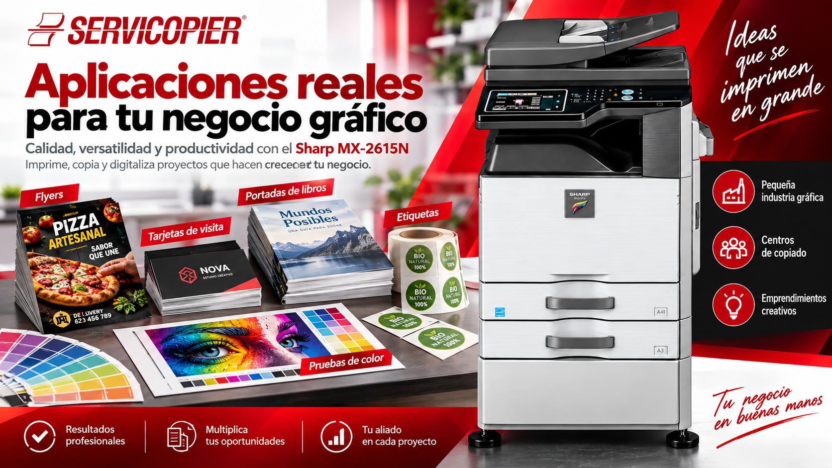 Aplicaciones gráficas con Sharp MX-2615N: flyers, tarjetas, portadas, etiquetas, pruebas de color y material promocional