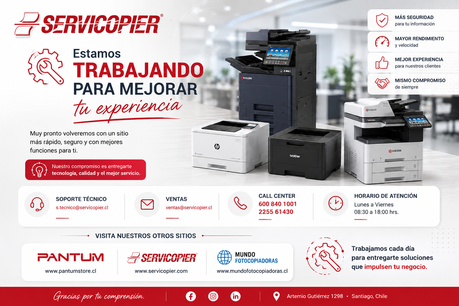 Servicopier está trabajando para mejorar tu experiencia. Soporte técnico: s.tecnico@servicopier.cl. Ventas: ventas@servicopier.cl. Call center: 600 840 1001 y 2255 61430.